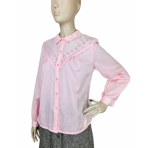 Vintage 60s 70s Pleated Pink Eyelet Yoke Prairie Cottagecore Boho Western Blouse - Picture 6 of 9